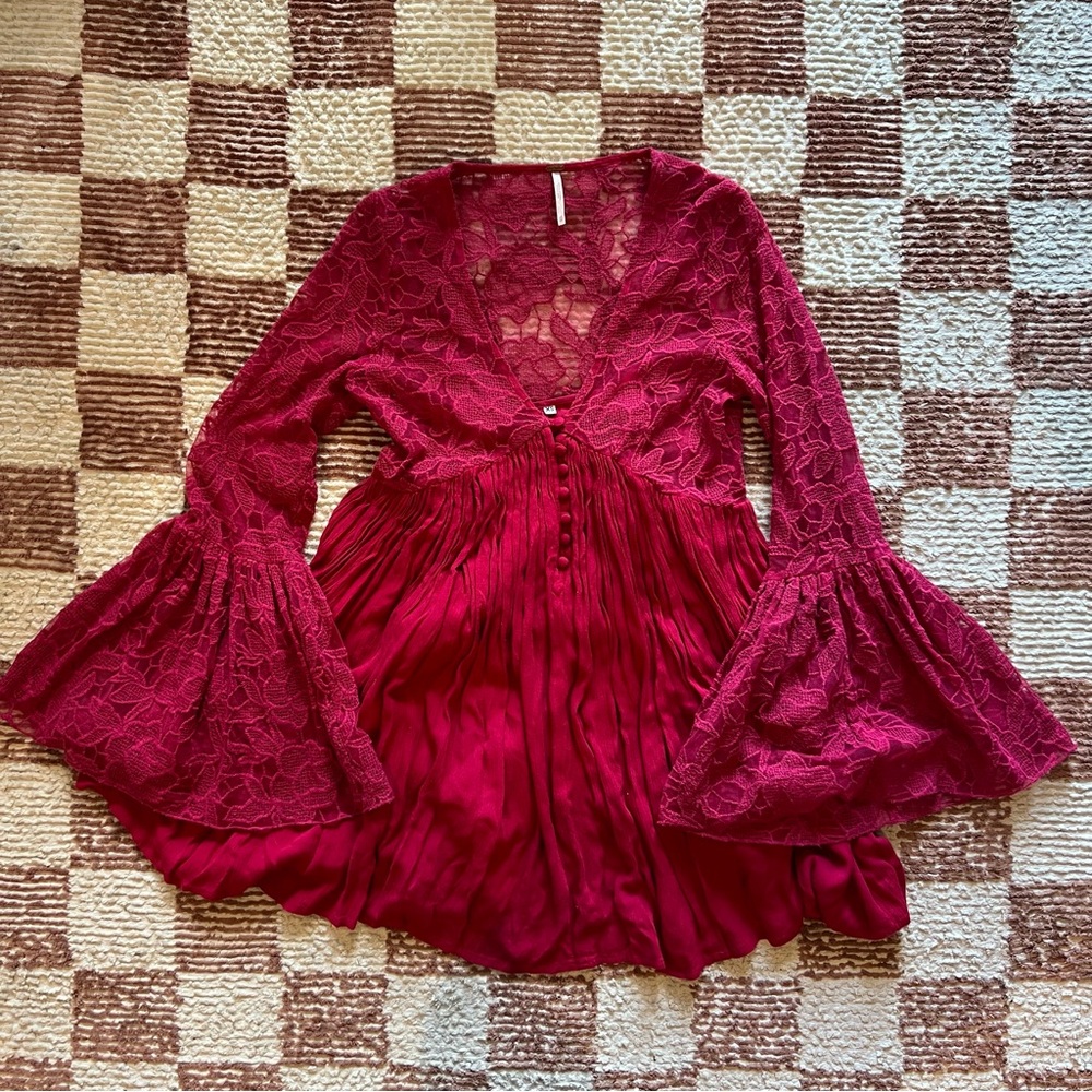 Free People With Love From India Hot Pink Lace Bell Sleeve Boho Mini Dress
